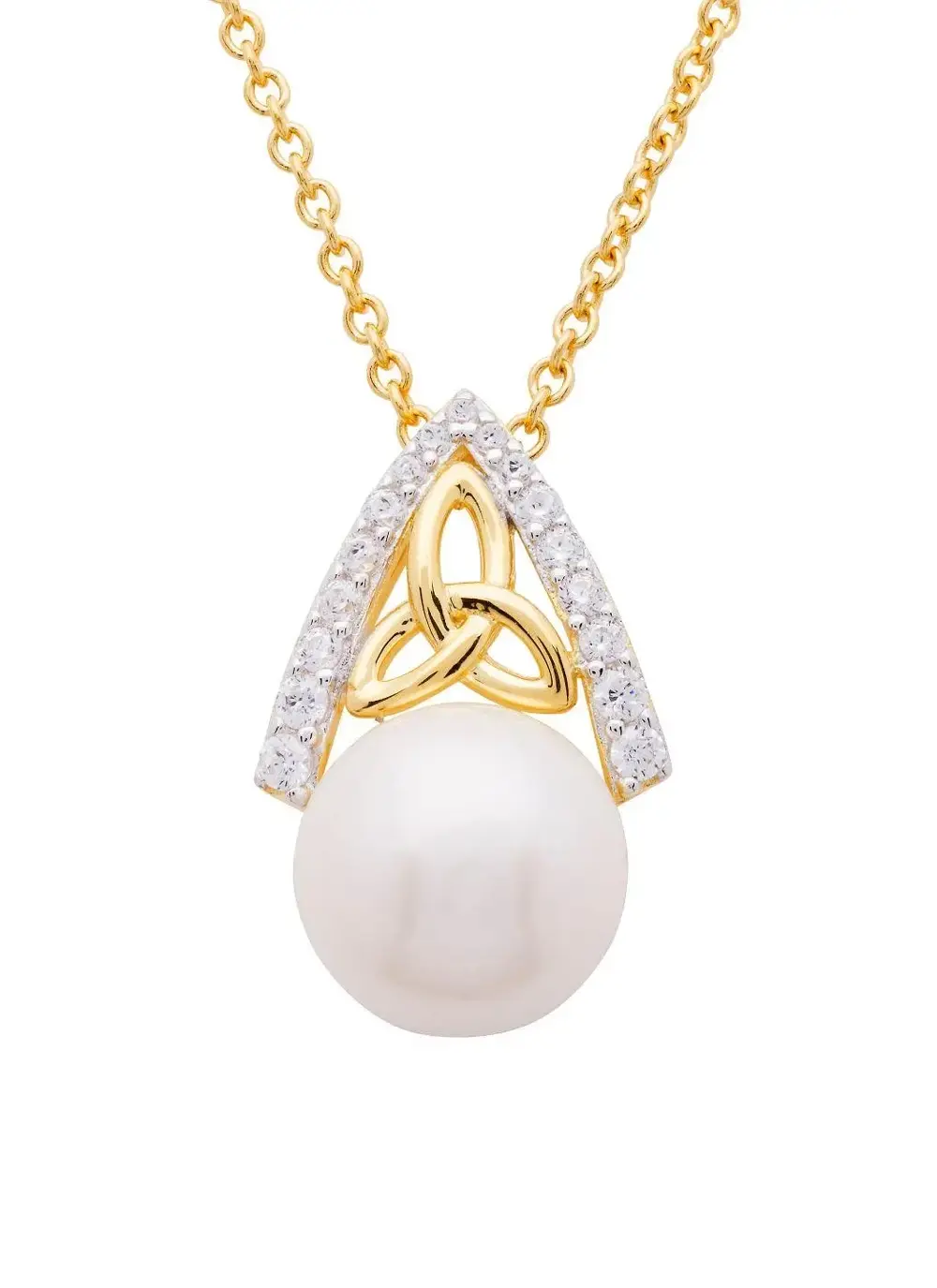White background cut out shot of 14Ct Gold Vermeil Trinity Knot Pearl Pendant with White Cubic Zirconia